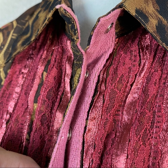Vintage Y2K Boho Leopard Mixed Print Lace Ribbon Snap Shirt Lg - Picture 6 of 10